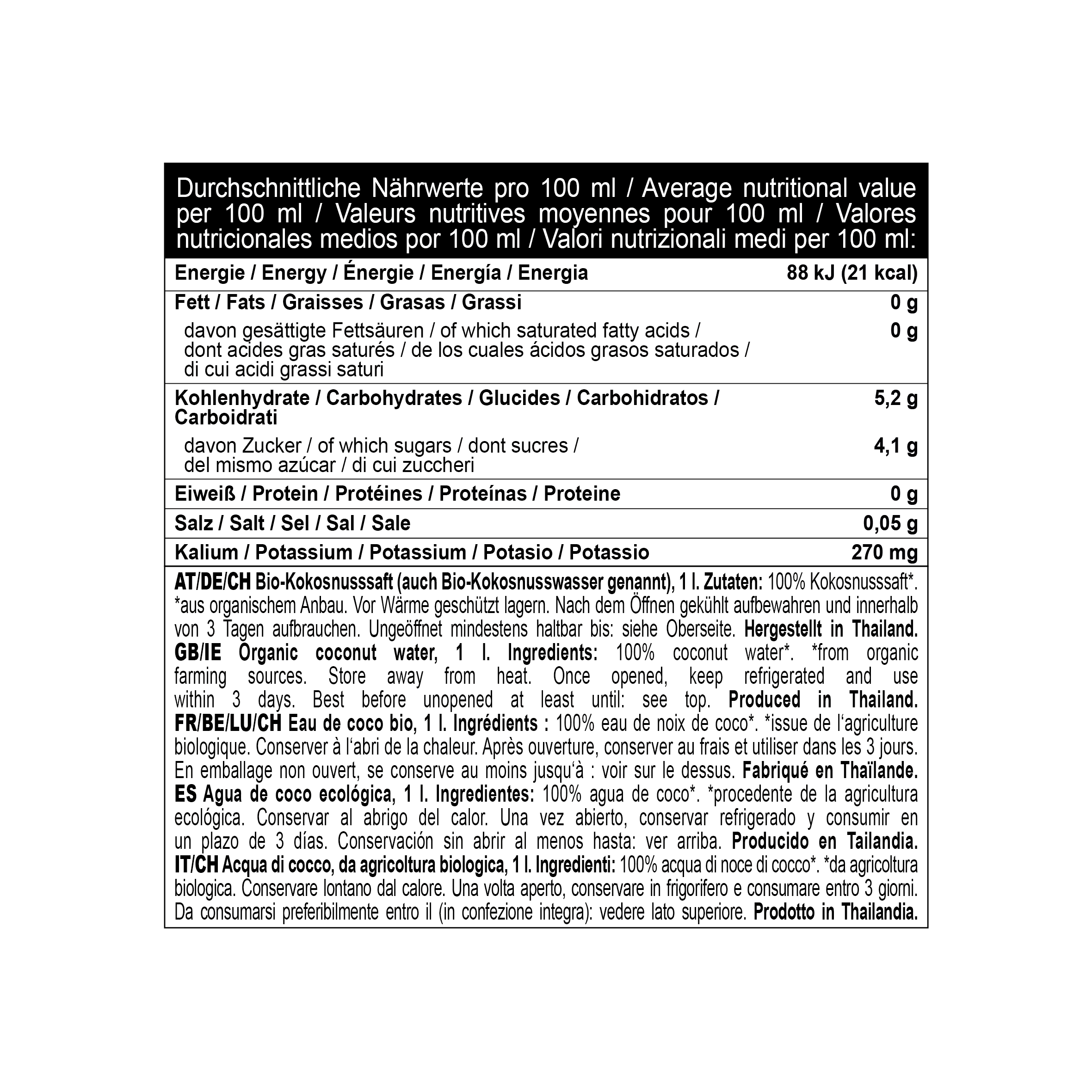 Thai Coco Bio-Kokoswasser - Nährwerttabelle